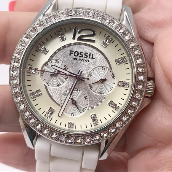 Fossil Jeweled Watch White Latex Band ES2344 - Picture 2 of 5